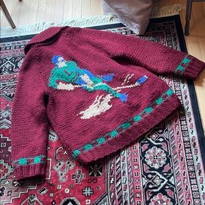 Vintage Lightning Cowichan Style Wool Maroon Cardigan with Hockey Theme Size L
